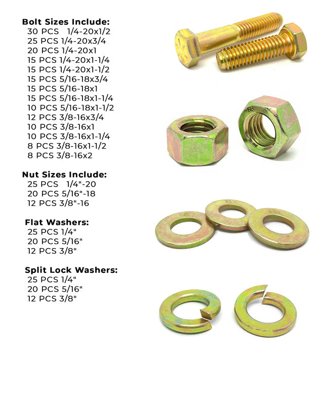 Inch Grade 8 Hex Cap Screws, Hex Nuts, Flat & Lock Washers - 380 PCS
