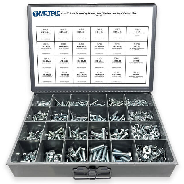 Metric Class 10.9 Hex Cap Screws, Hex Nuts, Flat & Lock Washers Coarse Thread Zinc Clear - 1269 PCS