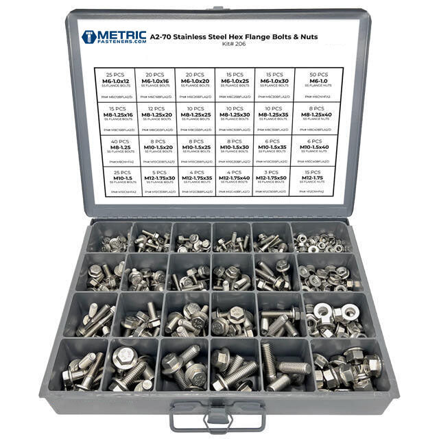 Metric A2 Stainless Steel Hex Flange Bolts & Nuts Assortment - 343 PCS
