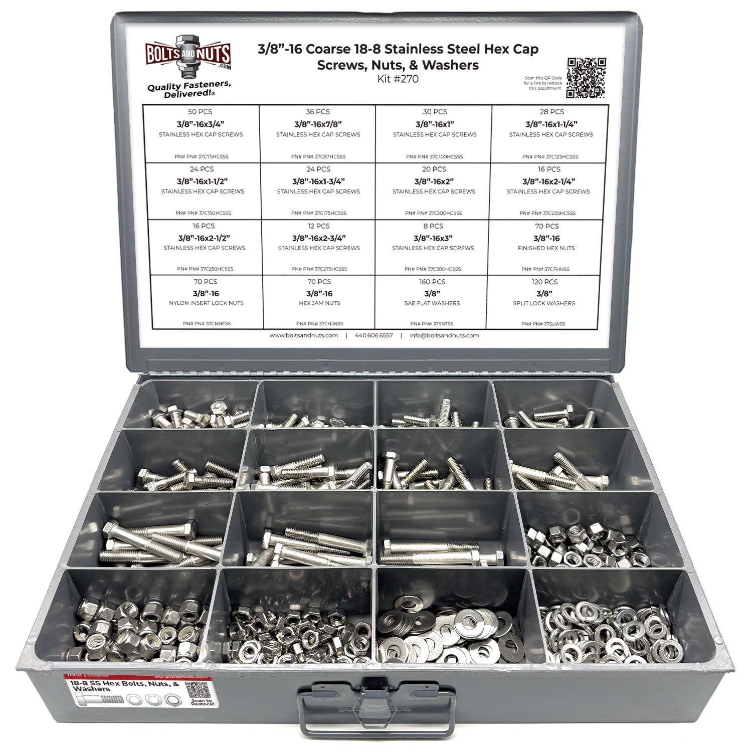 3/8"-16 Coarse 18-8 Stainless Steel Hex Cap Screws, Nuts, & Washers - 755 PCS