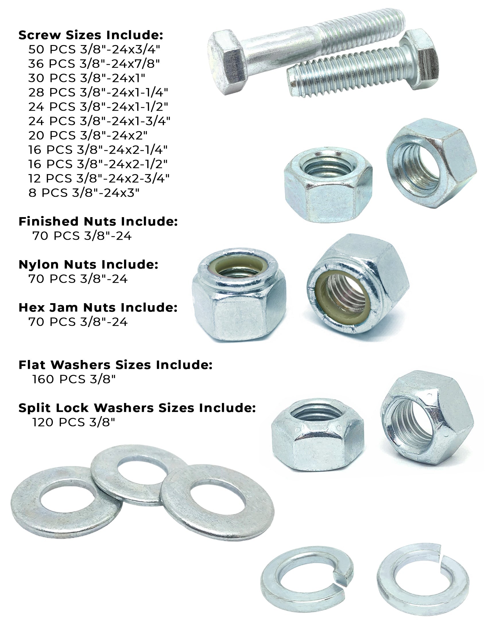 3/8"-24 Fine Grade 5 Hex Cap Screws, Nuts, & Washers - 754 PCS
