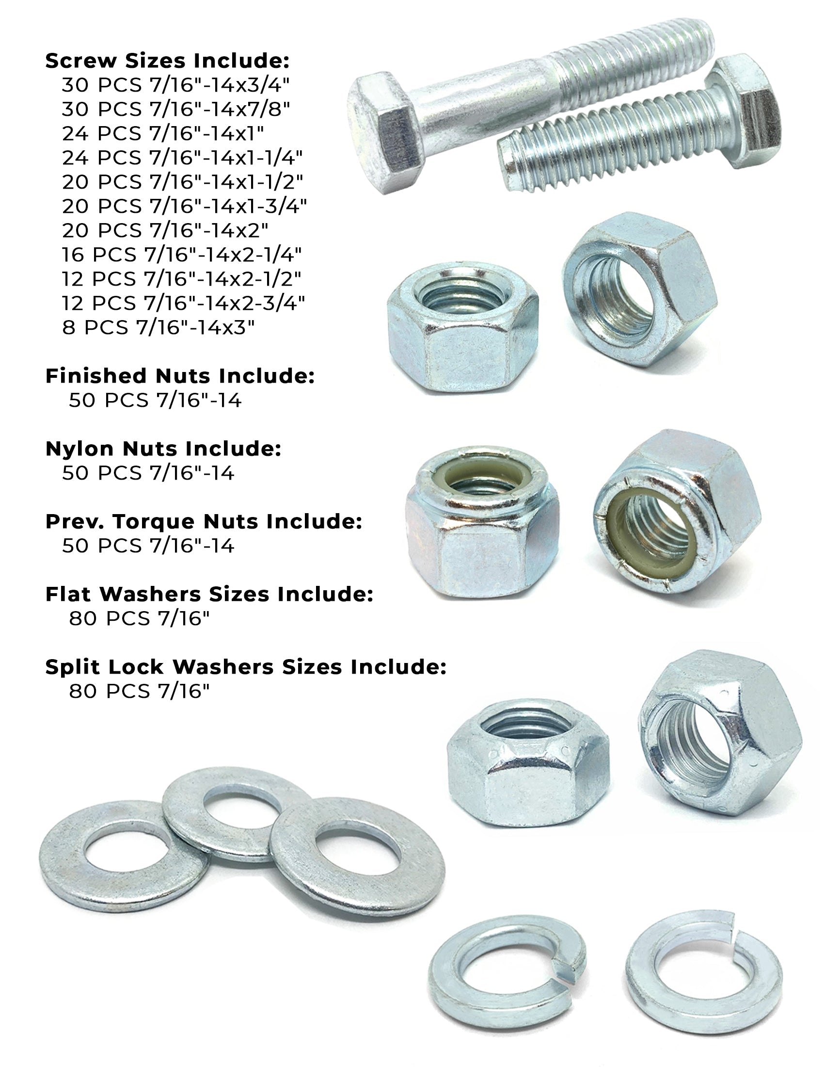 7/16"-14 Coarse Grade 5 Hex Cap Screws, Nuts, & Washers - 528 PCS