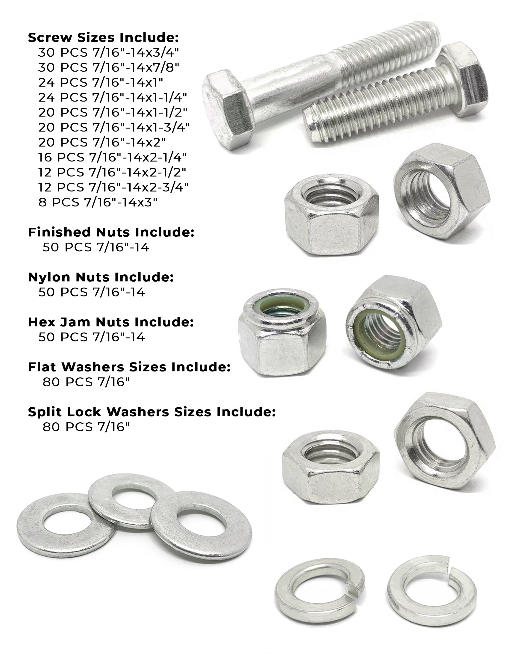 7/16"-14 Coarse 18-8 Stainless Steel Hex Cap Screws, Nuts, & Washers - 528 PCS
