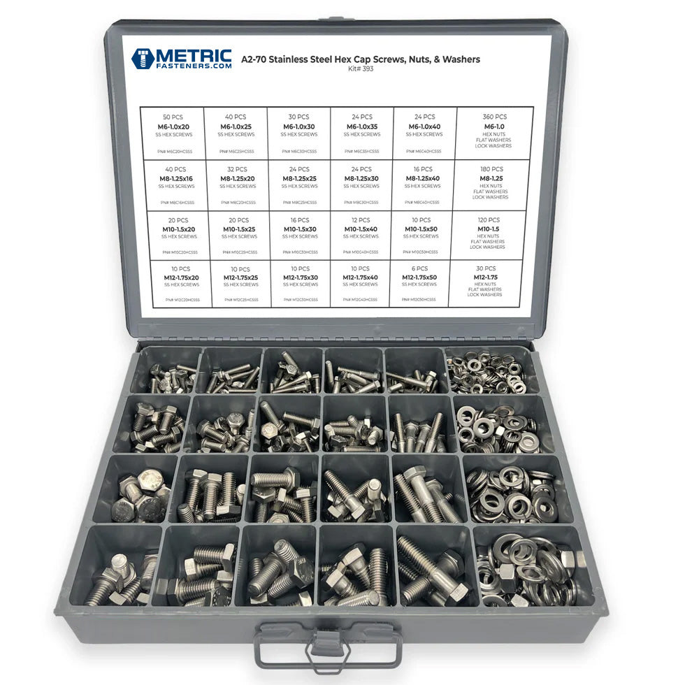 Metric A2 Stainless Steel Hex Cap Screws, Hex Nuts, Flat & Lock Washers - 1118 PCS