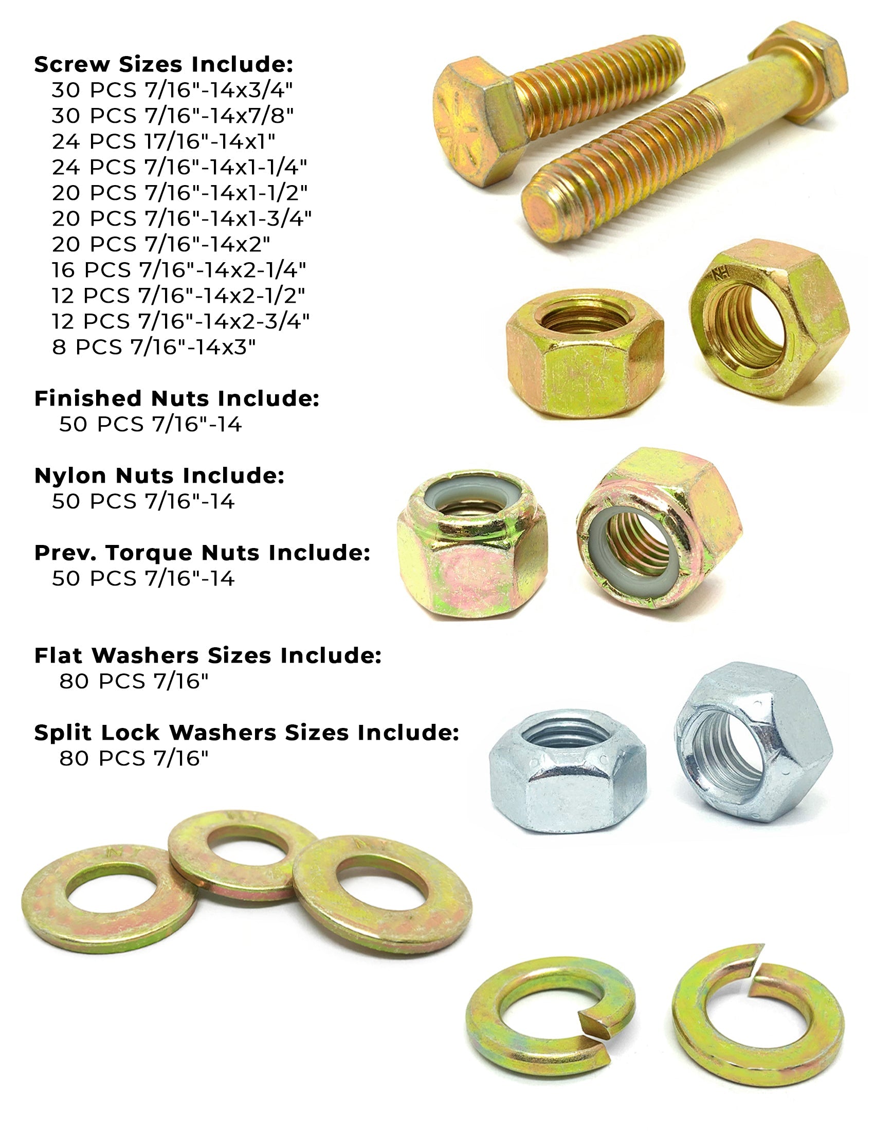 7/16"-14 Coarse Grade 8 Hex Cap Screws, Nuts, & Washers - 527 PCS