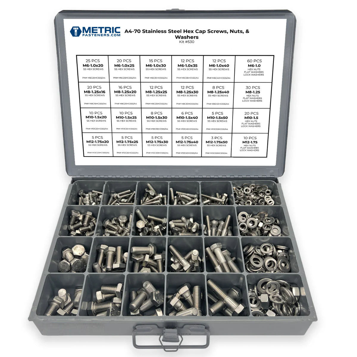 Metric A4 Stainless Steel Hex Cap Screws, Hex Nuts, Flat & Lock Washers - 575 PCS