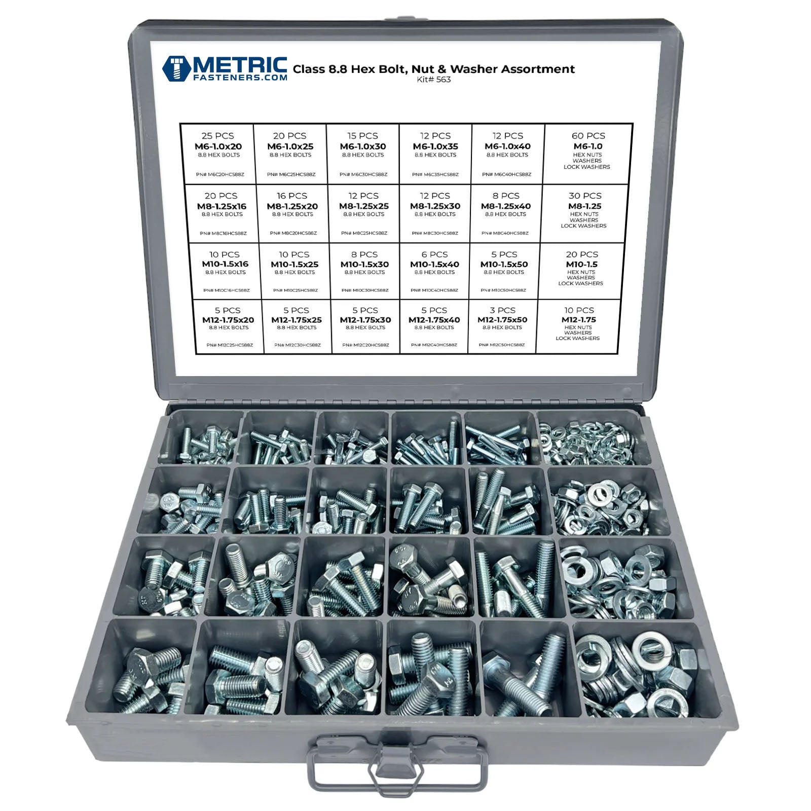 Metric Class 8.8 Hex Cap Screws, Hex Nuts, Flat & Lock Washers - 575 PCS