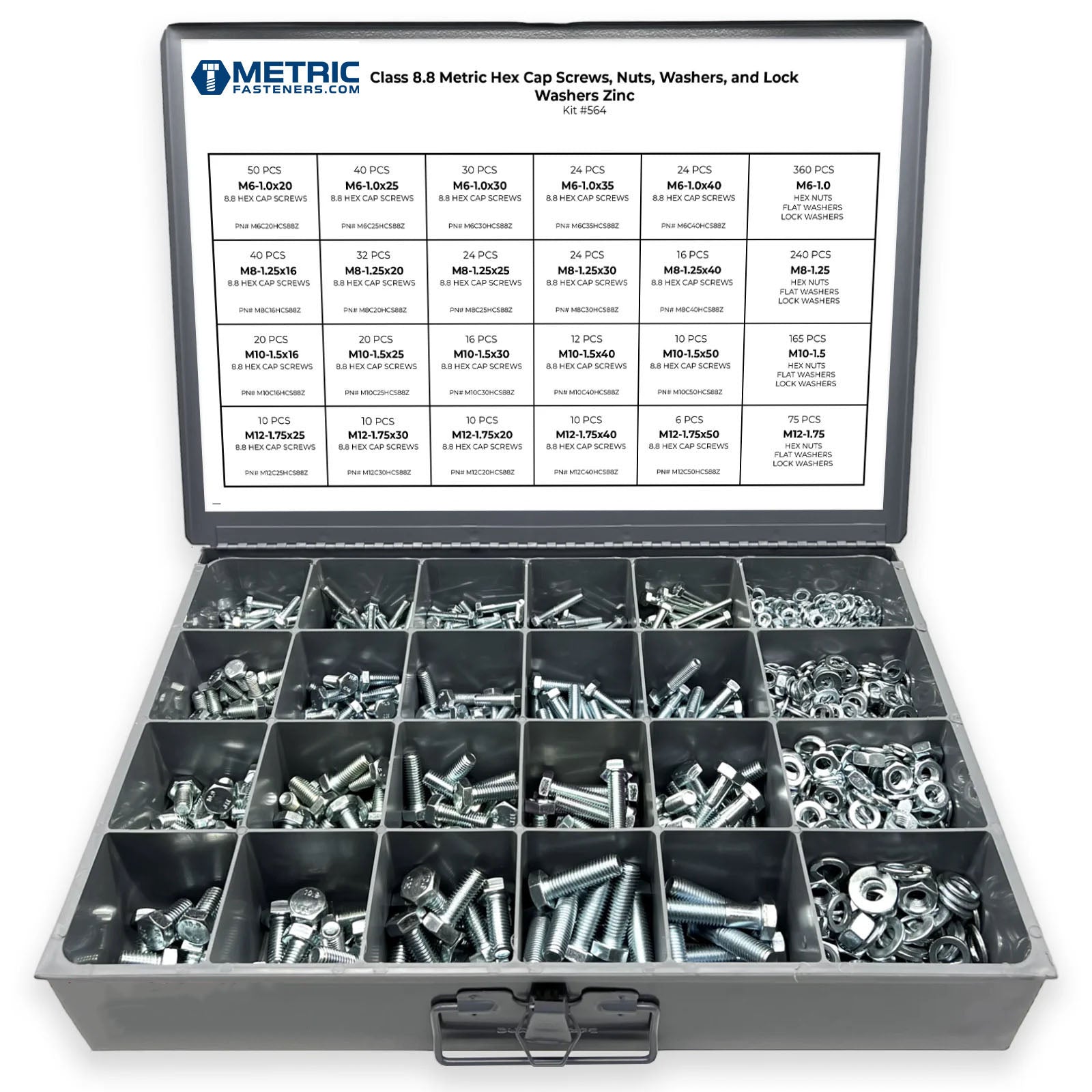 Metric Class 8.8 Hex Cap Screws, Hex Nuts, Flat & Lock Washers Coarse Thread Zinc Clear - 1269 PCS