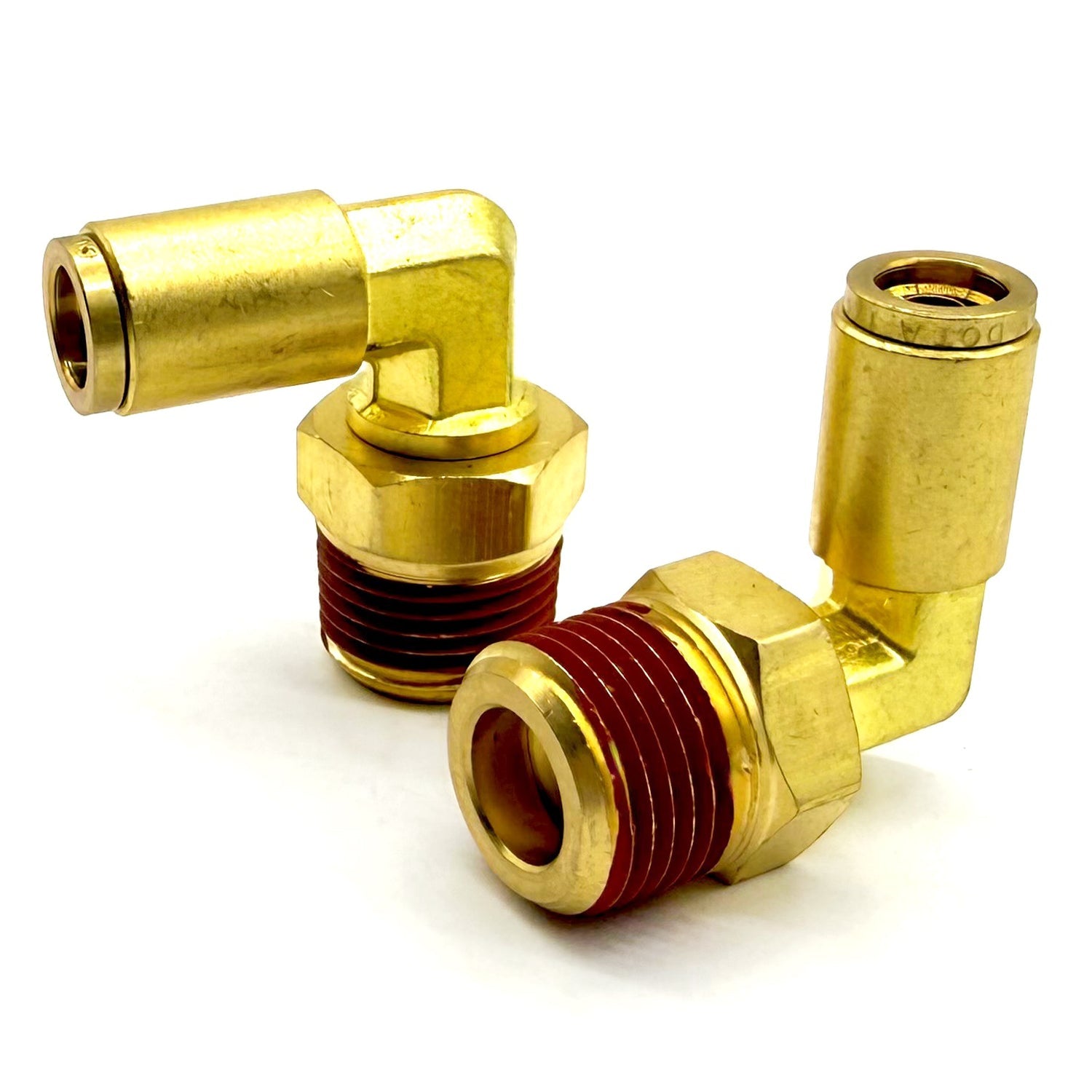1/4" Tube to 3/8" NPT 90 Degree Elbow Male Pipe Connector, Brass D.O.T. Push to Connect Air Brake Fitting with Red Acrylic Thread Sealant