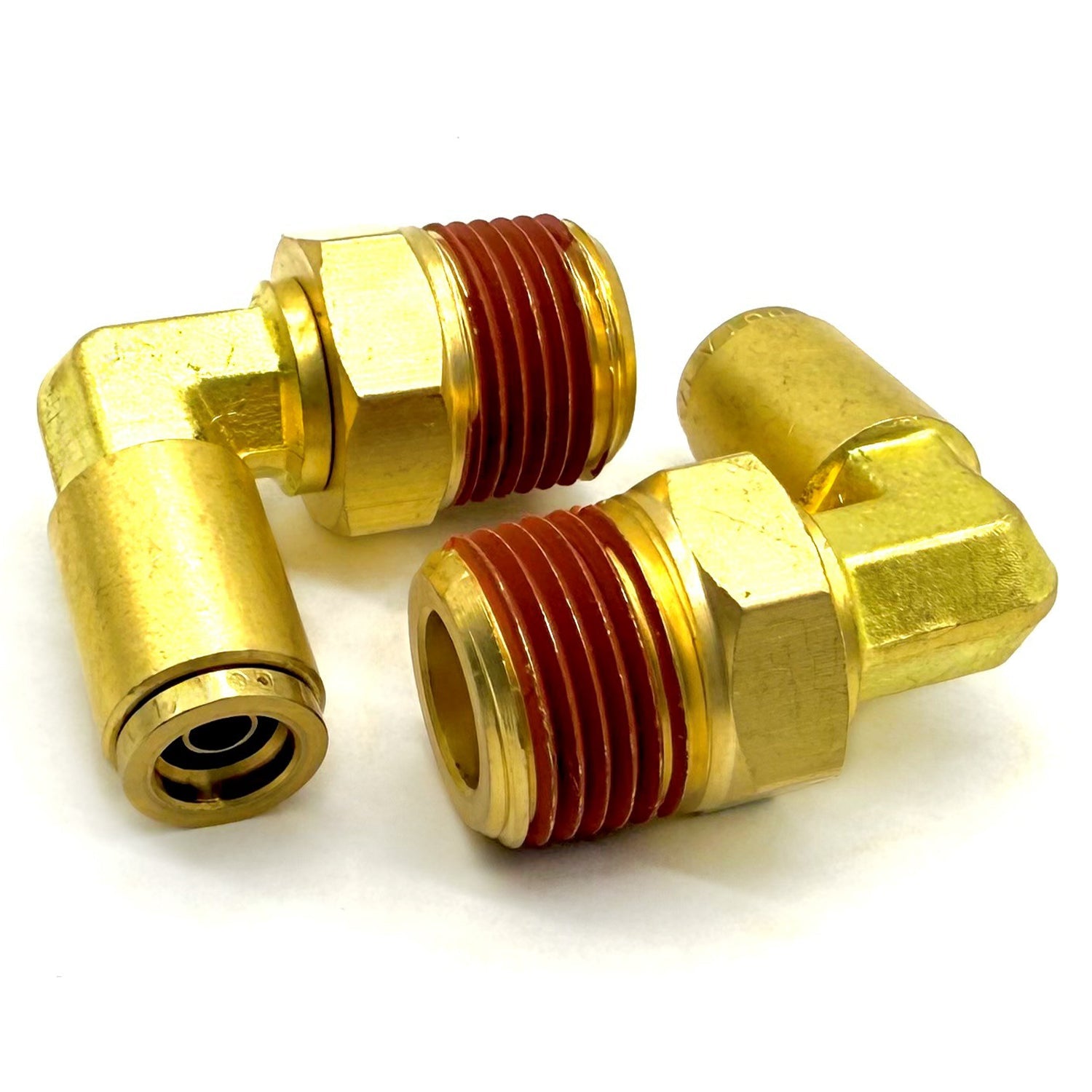 3/8" Tube to 1/4" NPT 90 Degree Elbow Male Pipe Connector, Brass D.O.T. Push to Connect Air Brake Fitting with Red Acrylic Thread Sealant